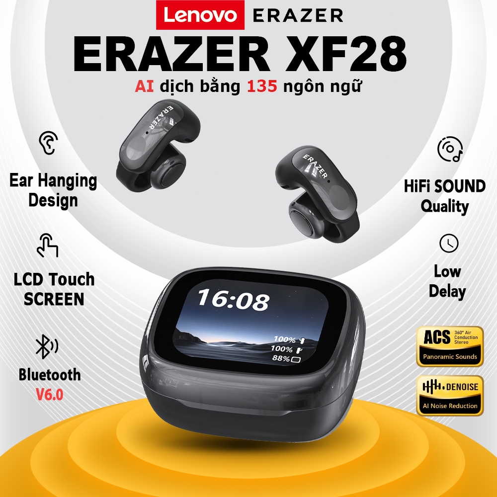 Lenovo ERAZER XF28 AI Dịch Tai Nghe Bluetooth V6.0 Màn Hình Cảm Ứng LCD Thiết Kế Kẹp Tai Nghe Không Dây tai nghe kẹp tai