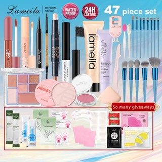  Lameila 47 Miếng Trang Điểm Mặt Bộ Mỹ Phẩm Phấn Mắt Bột Rời Cọ Trang Điểm Son Môi Uốn Mi Mascara Lâu Dài Chống Thấm Nước Người Mới 