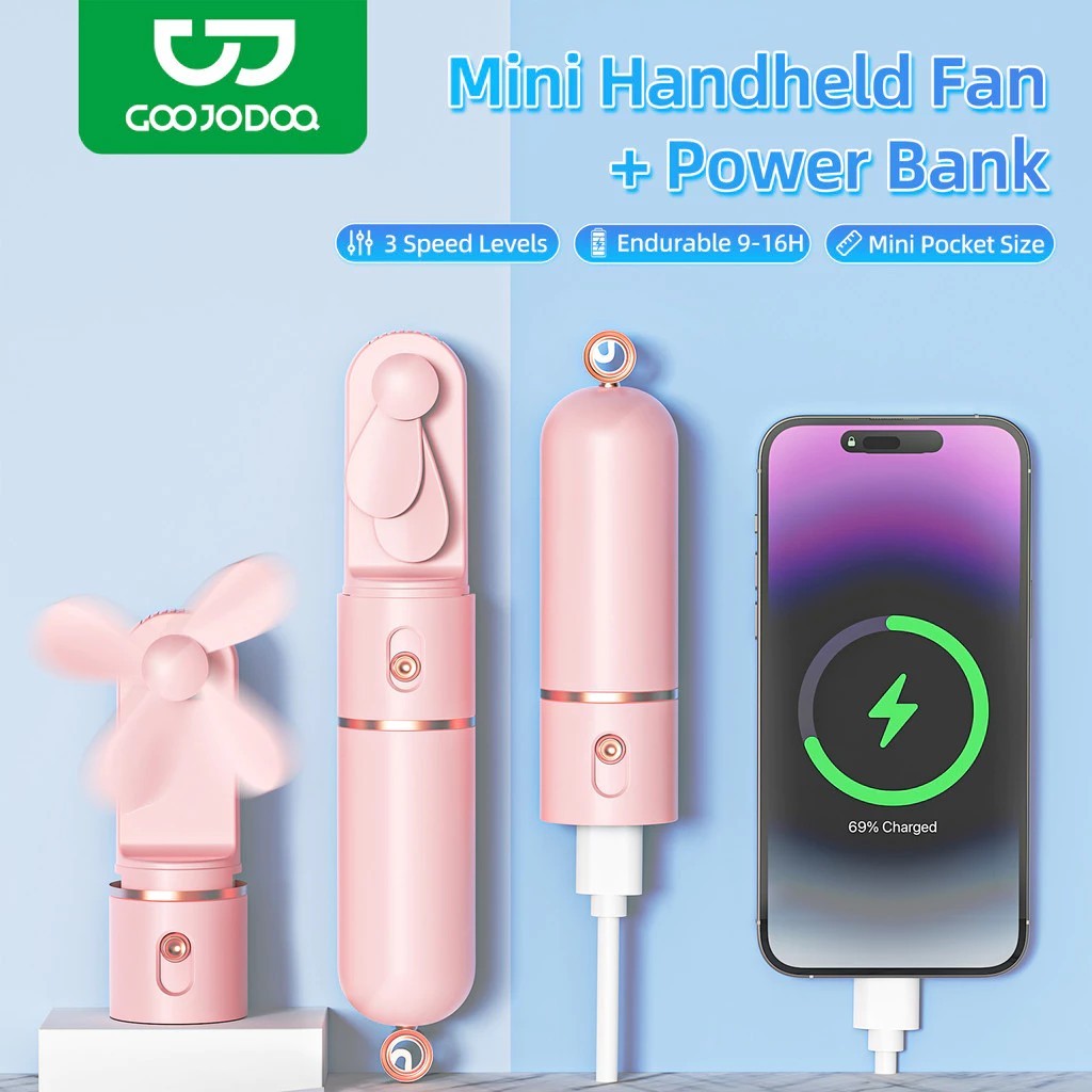 Quạt cầm tay GOOJODOQ + Pin dự phòng 3 tốc độ gió Tự động an toàn Lưỡi dao dừng Pin Type-C Sạc bền bỉ