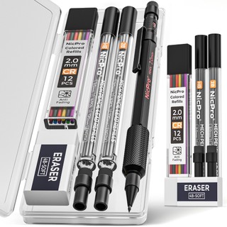  Bút chì cơ kim loại Nicpro 1 PC 2.0mm Bộ bút chì thợ mộc với 12 lần nạp chì màu đen 12 lần nạp chì màu 1 lần tẩy PC kèm hộp đựng để viết và vẽ 