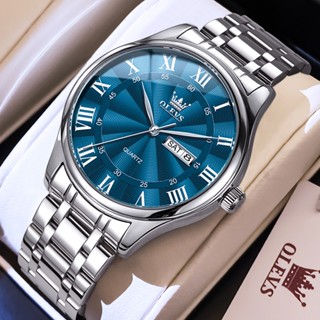 OLEVS Đồng hồ nam chính hãng chống nước thép không gỉ lịch quartz màu bạc xanh dương 3663