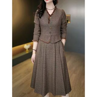  Váy dài tay thanh lịch mùa thu đông cổ chữ V nối nữ Plus Size Đầm 