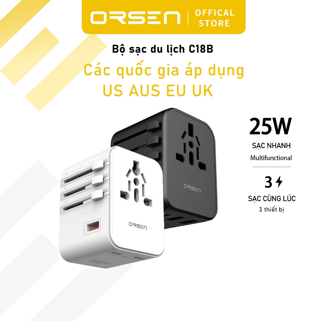 Orsen C18B đa năng EU US AU UK 25W USB Type C du lịch phổ quát thích hợp cho phone Android laptop