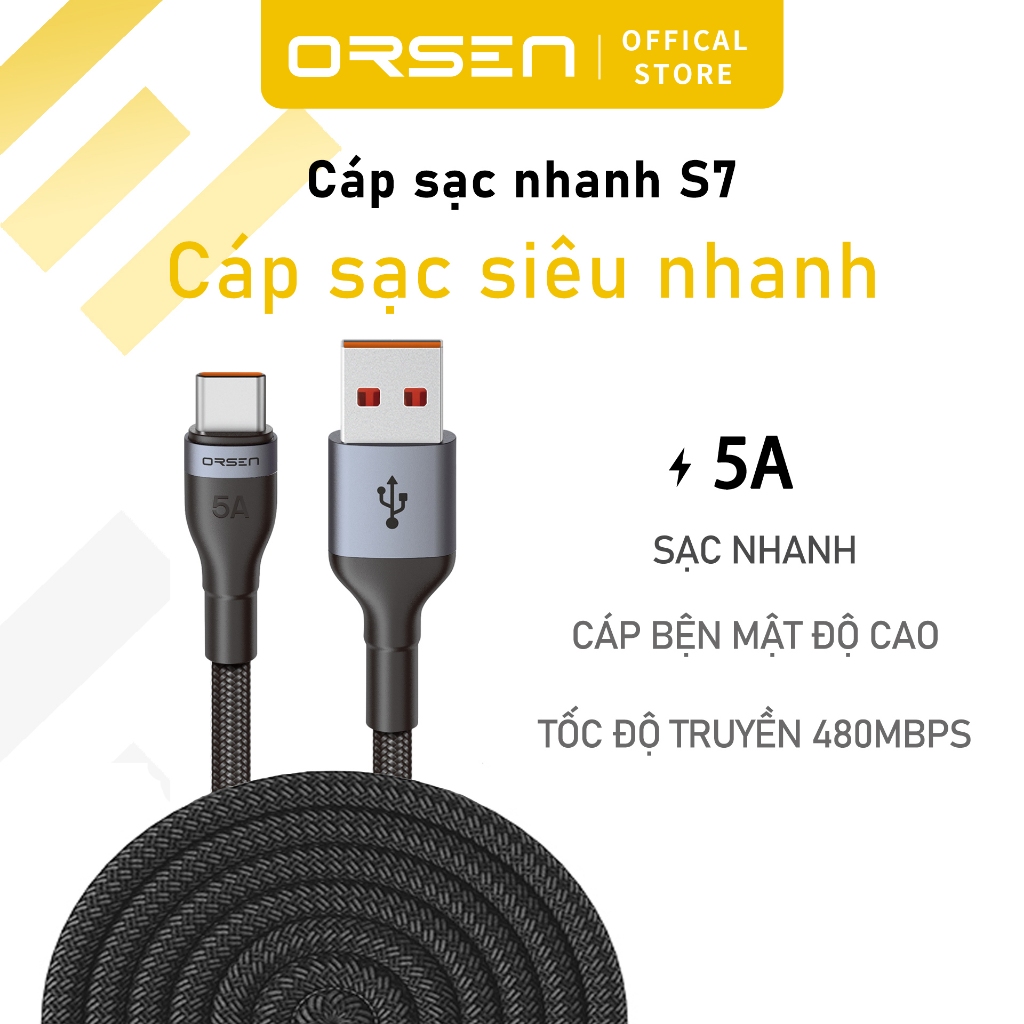 Dây Cáp Sạc Orsen S7 5A USB Type C dành cho Phone 15 16 Pro  Samsung 23 24 Ultra