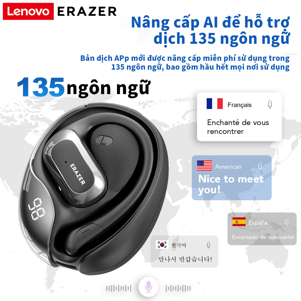 Lenovo ERAZER X5 Tai Nghe Phiên Dịch Al Tai nghe không dây dịch thời gian thực thông minh Bluetooth 5.4 có màn hình LED Tai nghe doanh nghiệp có Mic chống nước IPX5 | BigBuy360 - bigbuy360.vn