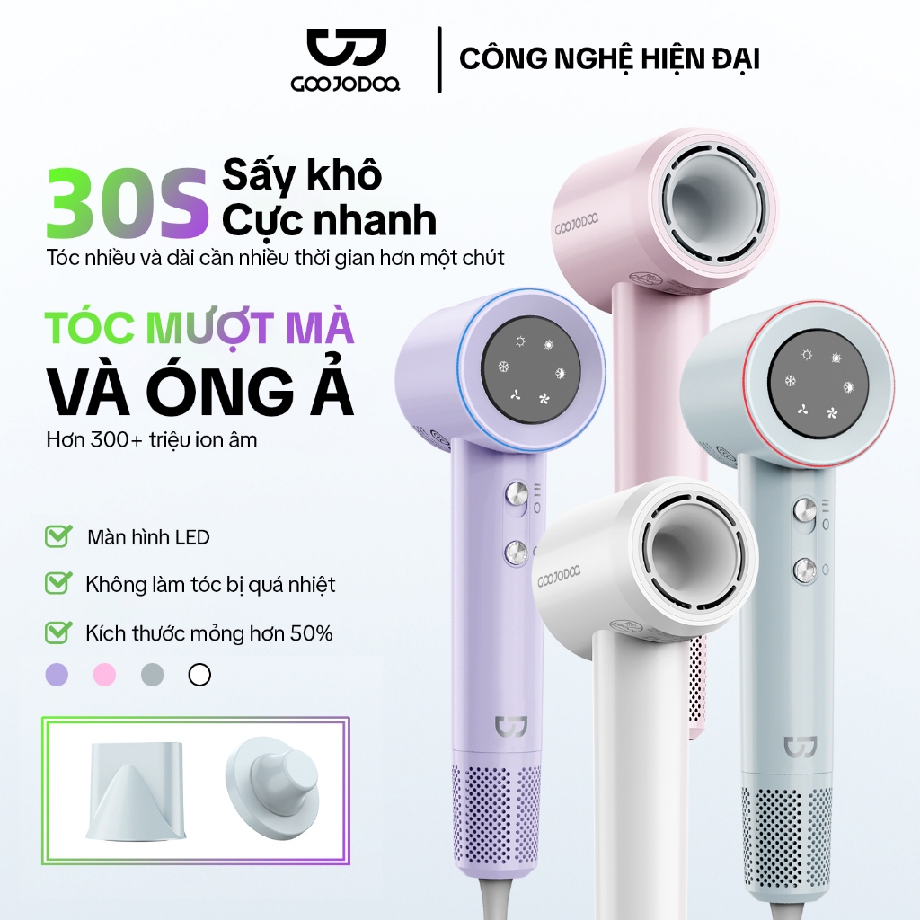 【Bảo hành một năm】GOOJODOQ Máy sấy tóc tốc độ cao có màn hình hiển thị công suất LED 3 tốc độ gió bốn phút để sấy khô Thích hợp cho du lịch và sử dụng tại nhà
