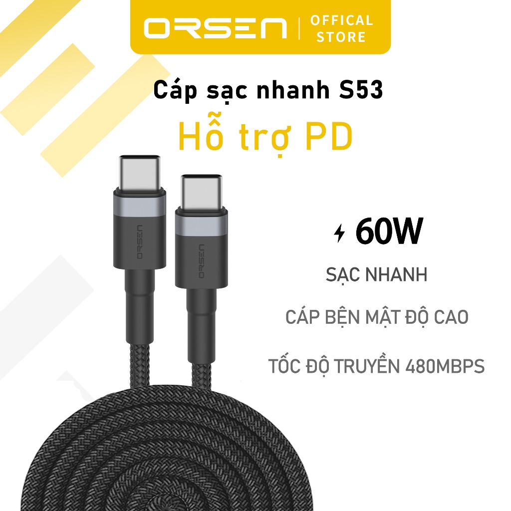 Dây cáp sạc nhanh PD Orsen 60W từ Type-C sang Type-C tiện dụng cho Phone 15 Macbook Pro iPad Samsung