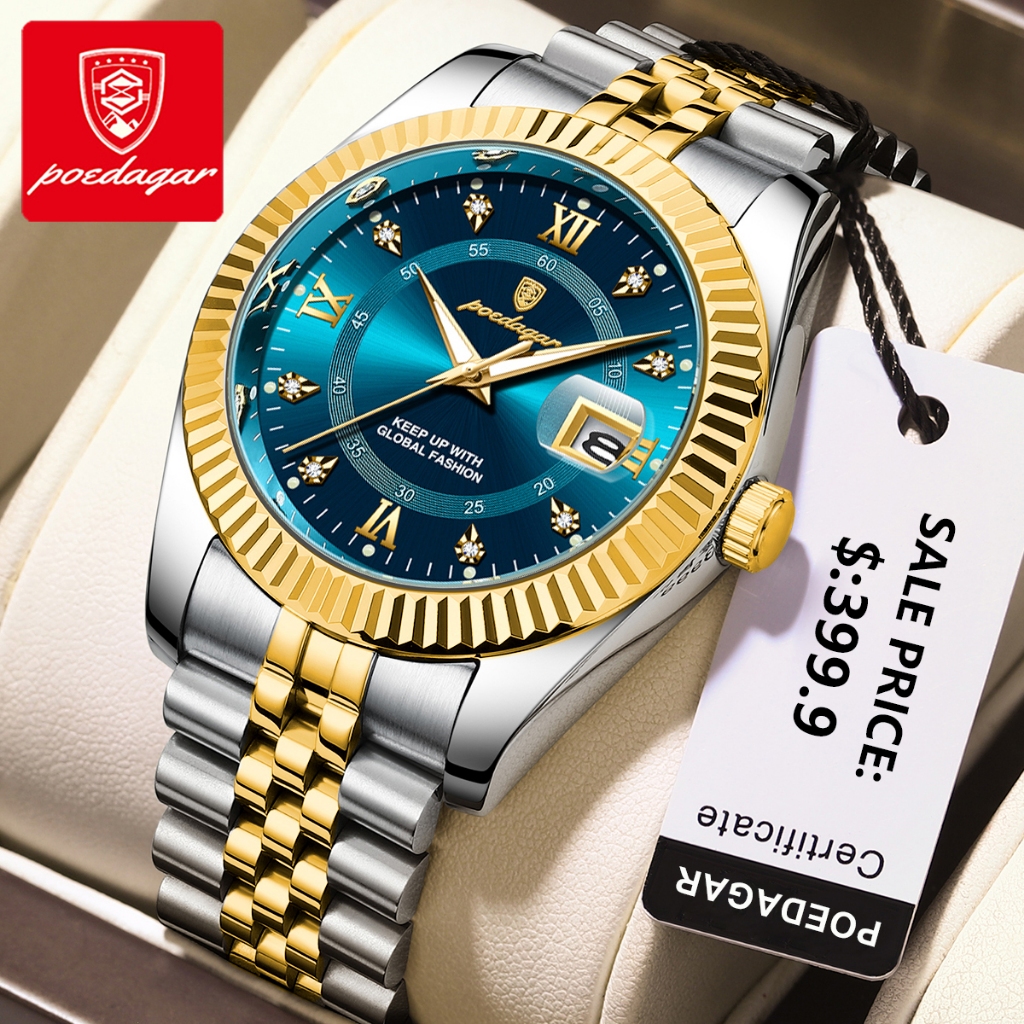 POEDAGAR Đồng hồ nam chính hãng Dây đeo bằng thép không gỉ Lịch phát sáng chống nước 910