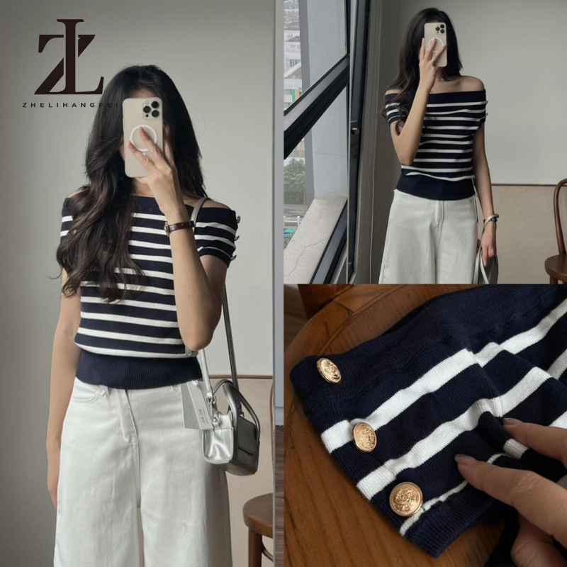 ZHELIHANGFEI Áo Len Trễ Vai Kẻ Ngang Dáng Croptop Cúc Đồng Ngắn Tay | BigBuy360 - bigbuy360.vn