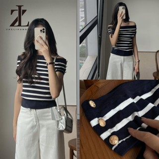 ZHELIHANGFEI Áo Len Trễ Vai Kẻ Ngang Dáng Croptop Cúc Đồng Ngắn Tay