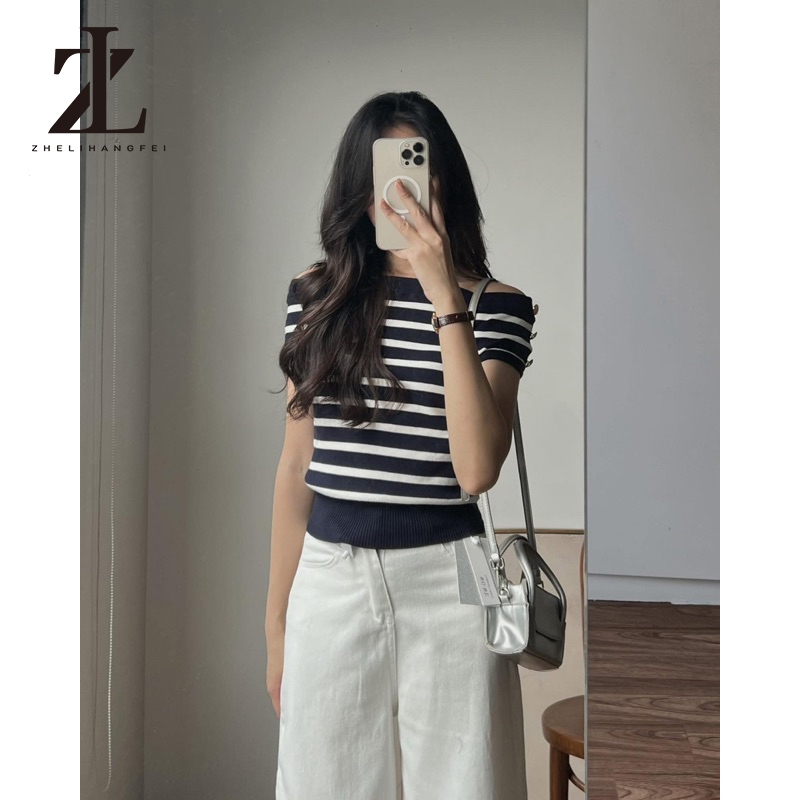 ZHELIHANGFEI Áo Len Trễ Vai Kẻ Ngang Dáng Croptop Cúc Đồng Ngắn Tay | BigBuy360 - bigbuy360.vn