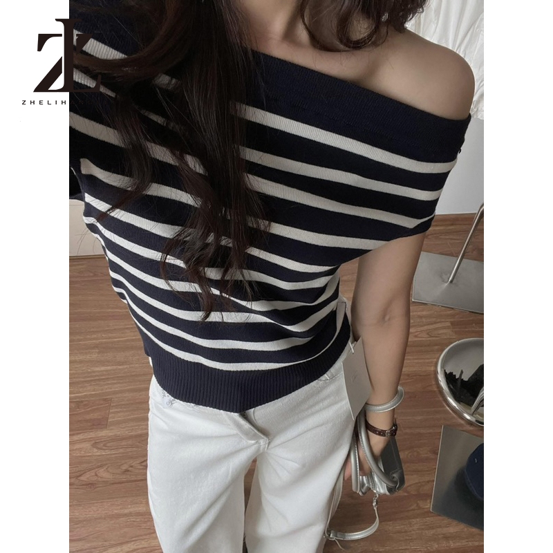 ZHELIHANGFEI Áo Len Trễ Vai Kẻ Ngang Dáng Croptop Cúc Đồng Ngắn Tay | BigBuy360 - bigbuy360.vn