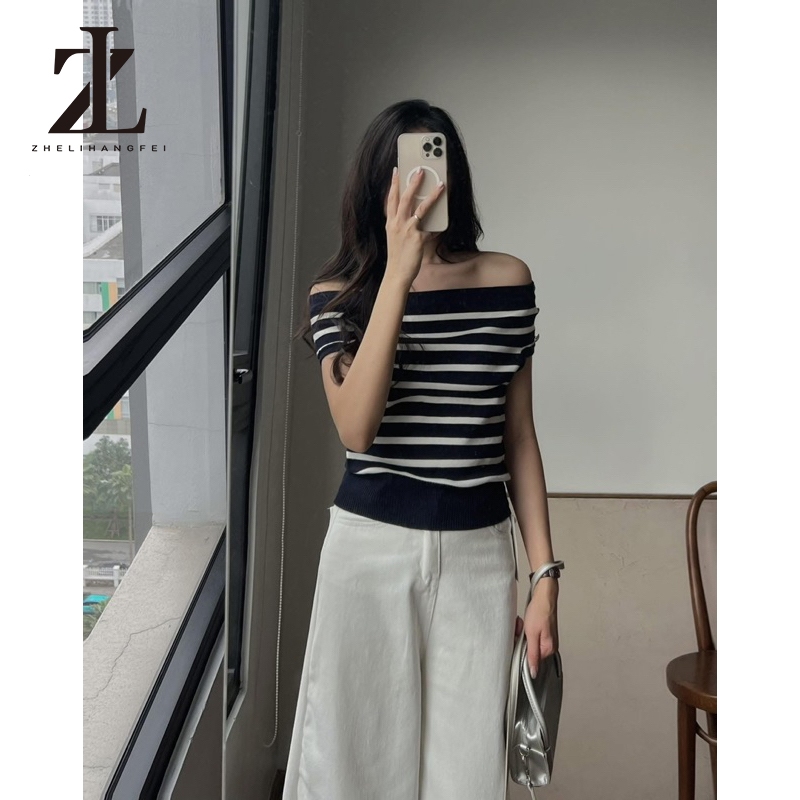 ZHELIHANGFEI Áo Len Trễ Vai Kẻ Ngang Dáng Croptop Cúc Đồng Ngắn Tay | BigBuy360 - bigbuy360.vn