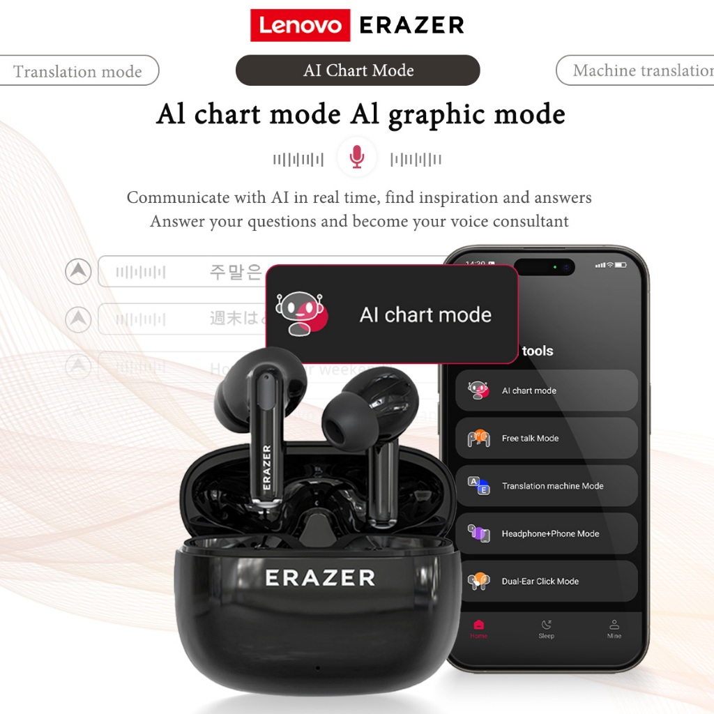 Lenovo ERAZER XT69 Pro AI dịch Tai nghe bluetooth 5.4 Tự động giảm tiếng ồn Tai nghe TWS tai nghe không dây HiFi Âm nhạc Cuộc gọi video chất lượng cao với microphone Độ trễ thấp Tai nghe dịch thuật | BigBuy360 - bigbuy360.vn