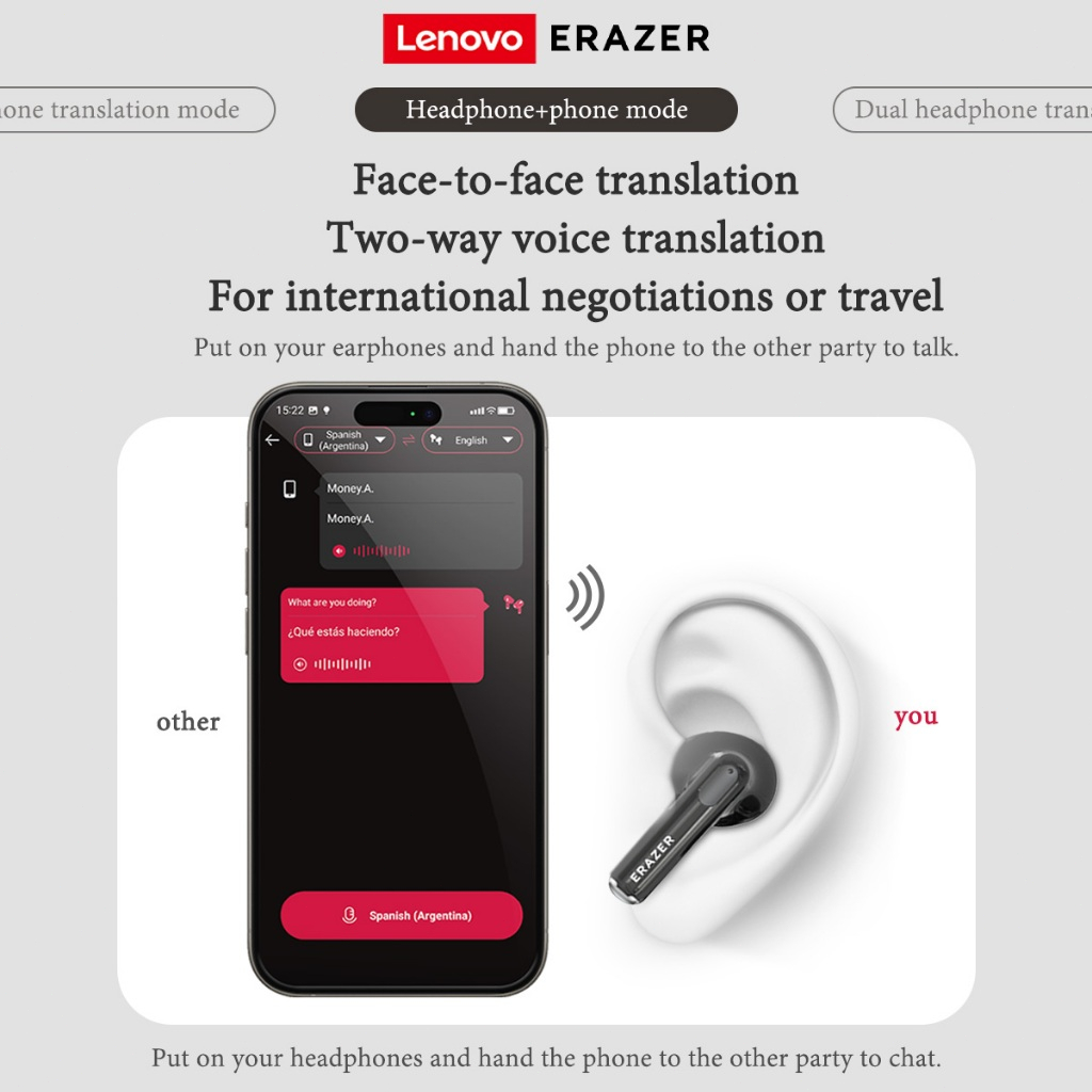Lenovo ERAZER XT69 Pro AI dịch Tai nghe bluetooth 5.4 Tự động giảm tiếng ồn Tai nghe TWS tai nghe không dây HiFi Âm nhạc Cuộc gọi video chất lượng cao với microphone Độ trễ thấp Tai nghe dịch thuật | BigBuy360 - bigbuy360.vn