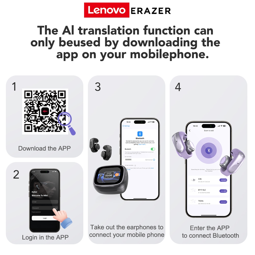 ERAZER XF28 AI Dịch Tai Nghe Bluetooth V6.0 Màn Hình Cảm Ứng LCD Thiết Kế Kẹp Tai Nghe Không Dây tai nghe kẹp tai | BigBuy360 - bigbuy360.vn