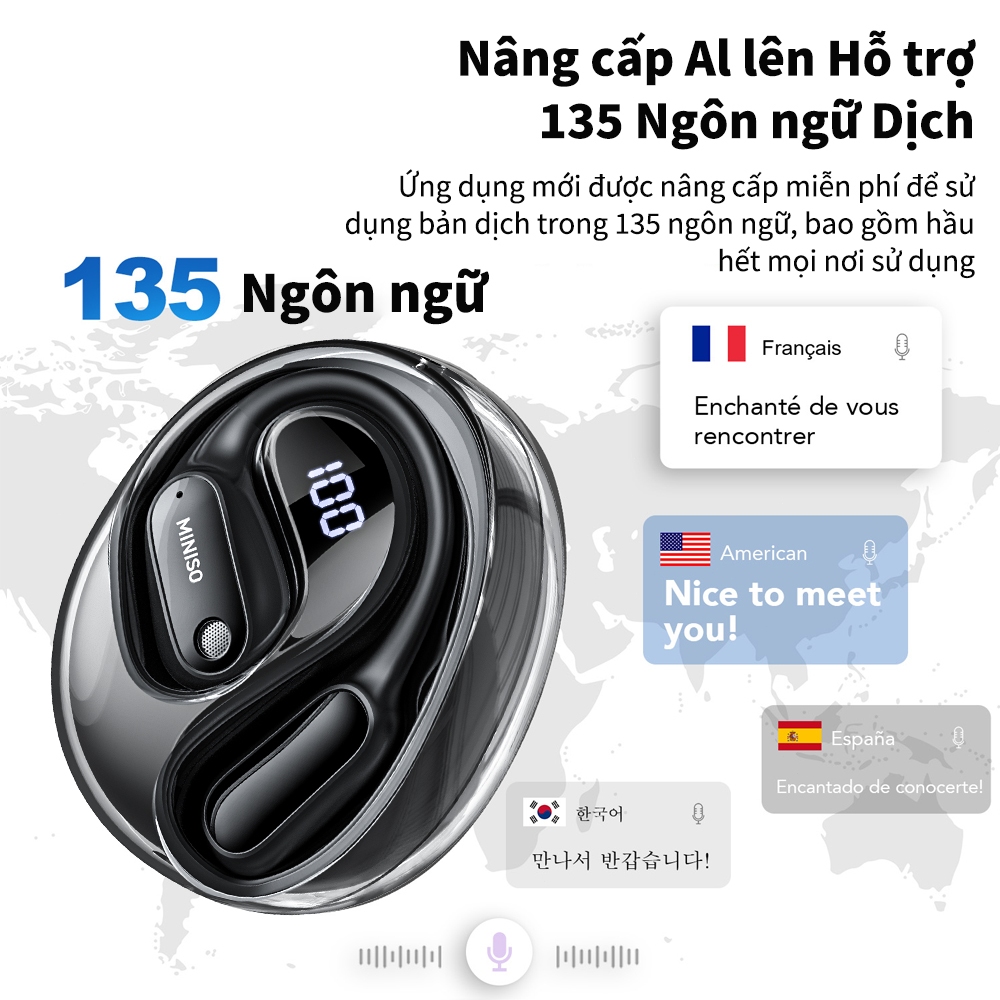 Miniso MS190 Tai Nghe Phiên Dịch Al Thông Minh Dịch Bluetooth 5.4 Thời Gian Thực Tai Nghe Không Dây Mở Tai Có Độ Trễ Thấp 5.4 Với Màn Hình LED Điều Khiển Cảm Ứng Tai Nghe Bluetooth Loại Bỏ Tiếng Ồn Chống Thấm Nước IPX5 | BigBuy360 - bigbuy360.vn