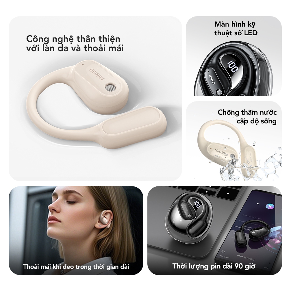 Miniso MS190 Tai Nghe Phiên Dịch Al Thông Minh Dịch Bluetooth 5.4 Thời Gian Thực Tai Nghe Không Dây Mở Tai Có Độ Trễ Thấp 5.4 Với Màn Hình LED Điều Khiển Cảm Ứng Tai Nghe Bluetooth Loại Bỏ Tiếng Ồn Chống Thấm Nước IPX5 | BigBuy360 - bigbuy360.vn