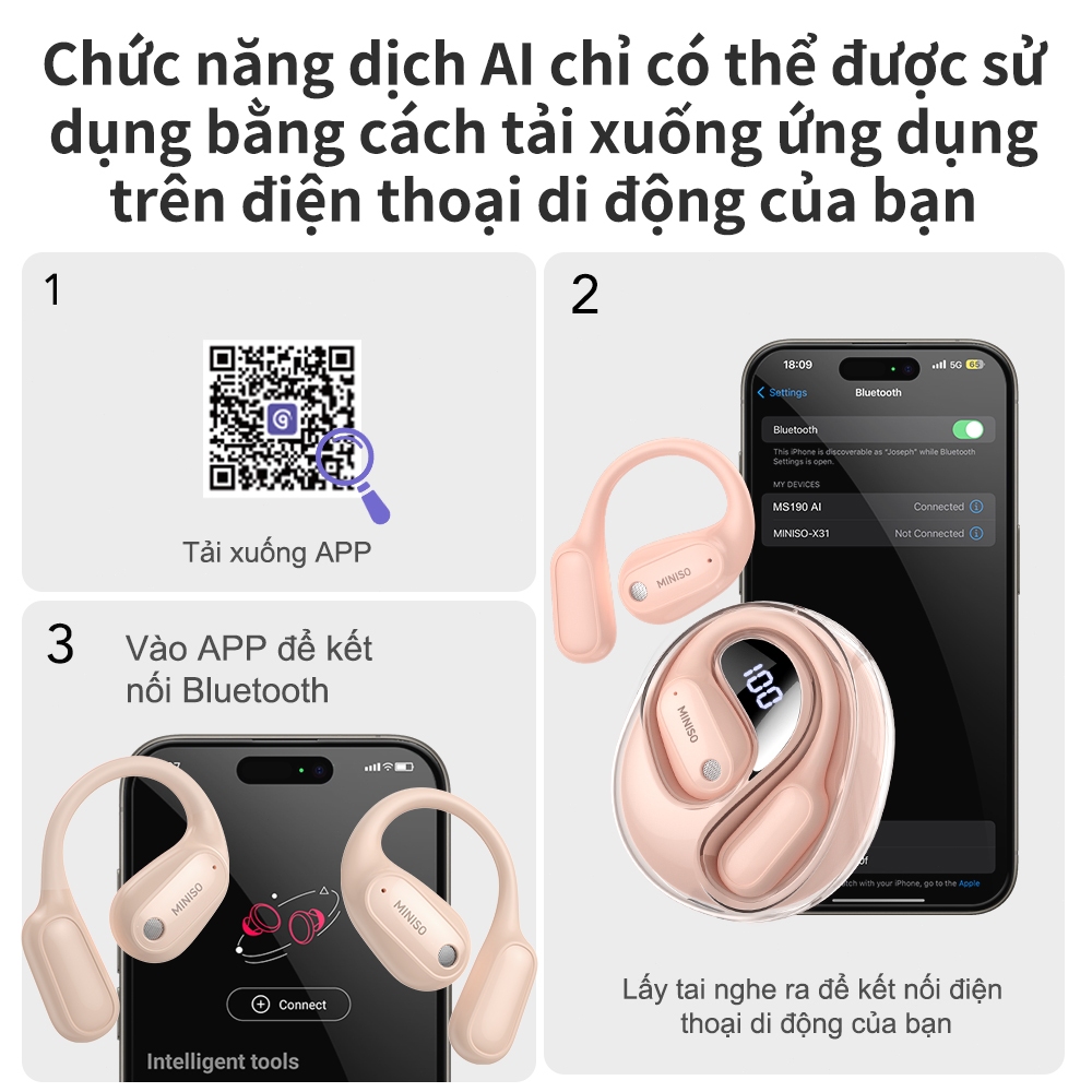 Miniso MS190 Tai Nghe Phiên Dịch Al Thông Minh Dịch Bluetooth 5.4 Thời Gian Thực Tai Nghe Không Dây Mở Tai Có Độ Trễ Thấp 5.4 Với Màn Hình LED Điều Khiển Cảm Ứng Tai Nghe Bluetooth Loại Bỏ Tiếng Ồn Chống Thấm Nước IPX5 | BigBuy360 - bigbuy360.vn