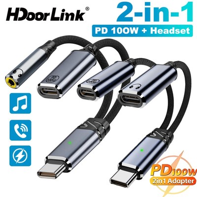 Bộ chia tai nghe HdoorLink 2in1 Type C USB C PD100W Cáp chuyển đổi sạc USB C sang 3,5mm Bộ chuyển đổi âm thanh
