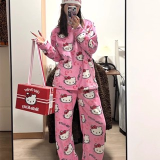 CMinYP Hoạt Hình Hello Kitty Flannel Bộ Đồ Ngủ Dễ Thương Mèo KT Thu Đông Quần Thời Trang Bộ Đồ Ngủ Mềm Mại Làm Dày Ấm Áp Thường Ngày Quần Áo Gia Đình Vinh Quang