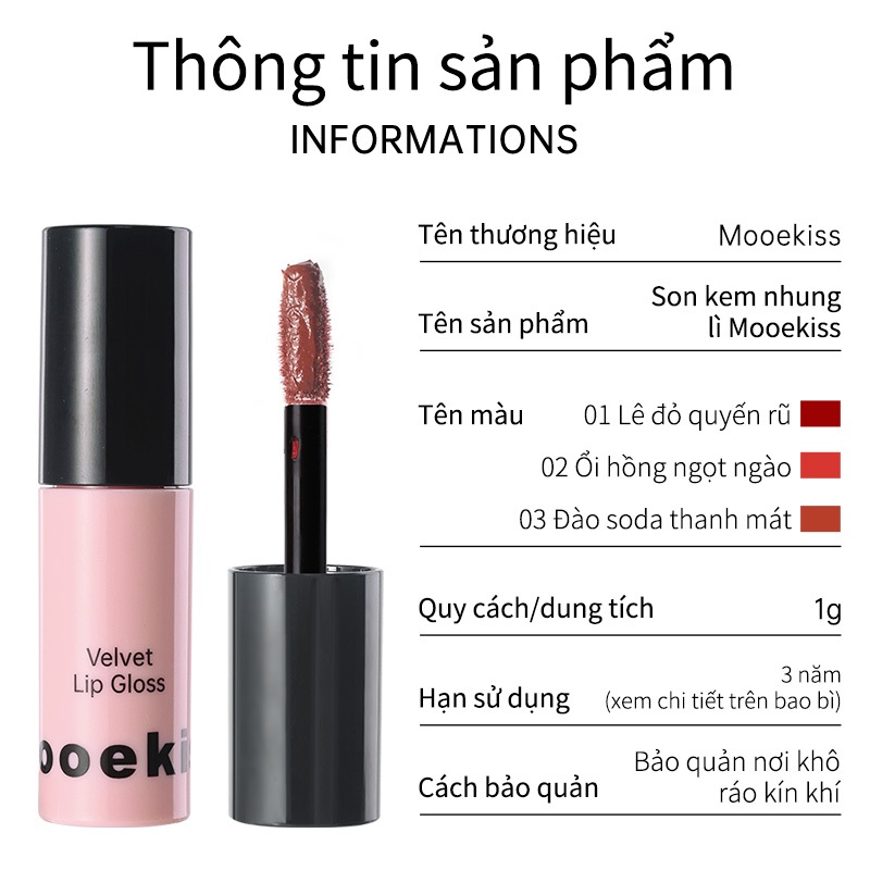 Son kem Mooekiss Son môi nhung Chất matte tôn da Nhẹ nhàng dễ dùng 1g | BigBuy360 - bigbuy360.vn