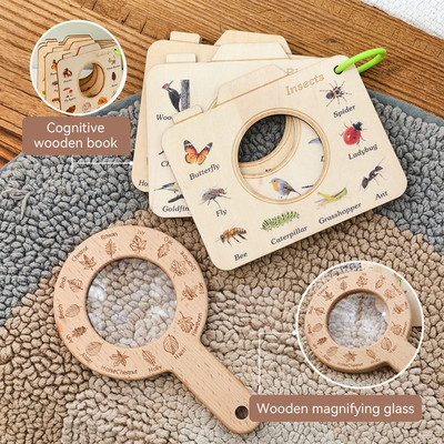 Đồ chơi Montessori Kính lúp bằng gỗ cầm tay Bộ sách gỗ ngoài trời Nuôi dưỡng trẻ em Quan sát Khám phá Giảng dạy sớm