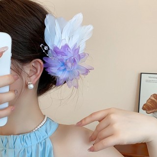  Vải hoa lông vũ bên kẹp tóc siêu cổ tích bầu không khí ngọt ngào màu tím mỏ vịt kẹp thời trang và dễ dàng phù hợp với phụ kiện tóc 