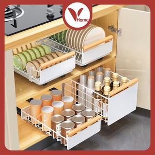  Giỏ kéo giá bếp Vhome Giá đựng đồ dưới bồn rửa Giá đựng bát đĩa đường ray có giá thoát nước 