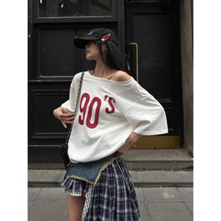 QADCOL Áo thun ngắn tay vai xiên cổ điển kiểu Mỹ dành cho nữ mùa hè dáng rộng nửa tay lệch vai