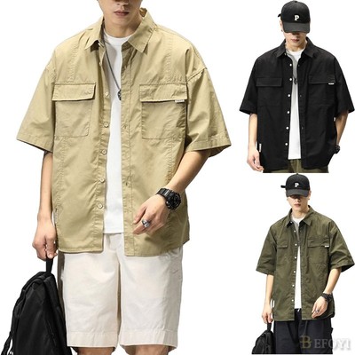 Áo Sơ Mi Nam Cotton Bảo Hộ Lao Động Tay Ngắn Áo Rời Quân Sự Nhật Bản Xanh Plus Size CXR03