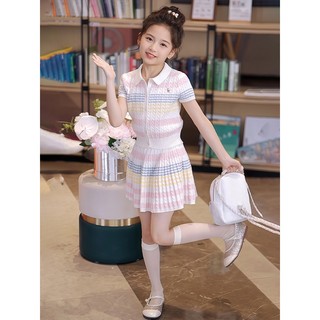  Bộ đồ bé gái 3-14 tuổi Bộ đồ trẻ em Hàn Quốc Quần áo trẻ em bé gái Áo sơ mi polo sọc Váy Bộ đồ hai mảnh 