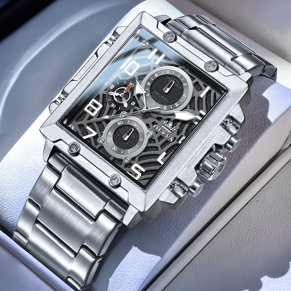 OLEVS Đồng hồ nam Mặt vuông Lộ cơ Đồng hồ Quartz Chống nước Chính hãng Thời trang Dây kim loại 2958