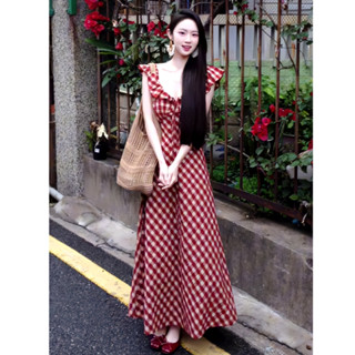  Phiên Bản Hàn Quốc Đảng Đảng Đầm Voan Kẻ Sọc Đỏ Gợi Cảm Nữ Ôm Cổ Chữ V Không Tay Dài Vừa V Đầm Chữ A 