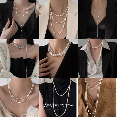 DREJEW Vòng cổ ngọc trai nhân tạo dài không đều Dây chuyền áo len sang trọng nhẹ kiểu Pháp