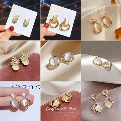 DREJEW Bông tai đá mắt mèo kim bạc hoa tình yêu bông tai cao cấp