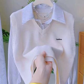 Phong Cách Hàn Quốc Nữ Dệt Kim Không Tay Trơn Rời Cổ Chữ V Dệt Kim Áo Len Cổ Chữ V Rời
