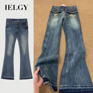 IELGY Quần jean nữ cạp thấp loe dáng ôm vừa vặn quần ống dài đến sàn
