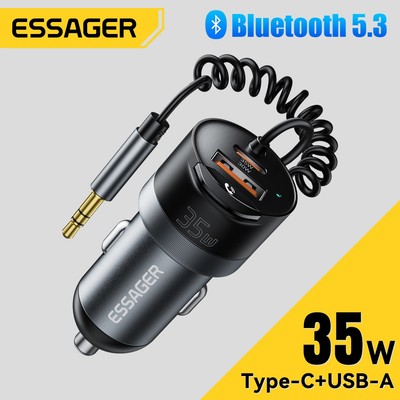 Essager USB-A + Type-C Bộ sạc xe hơi Bộ phát FM Bluetooth không dây 5.3 Micrô tích hợp