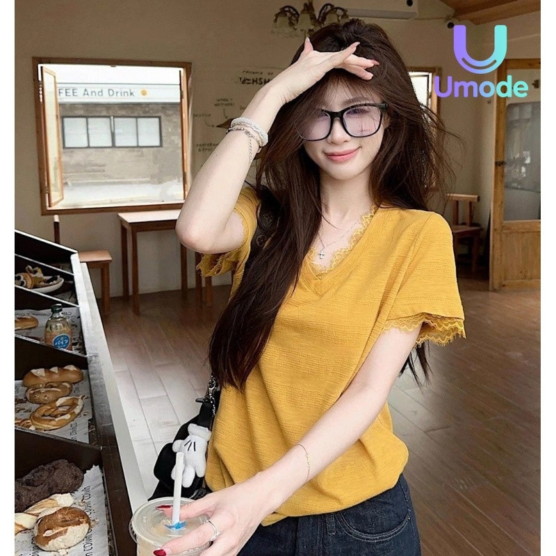 Áo thun ngắn tay cổ chữ V chắp vá ren trắng dành cho nữ mùa hè Cô gái ngọt ngào Ins phong cách Hàn Quốc UG2 Umode | BigBuy360 - bigbuy360.vn