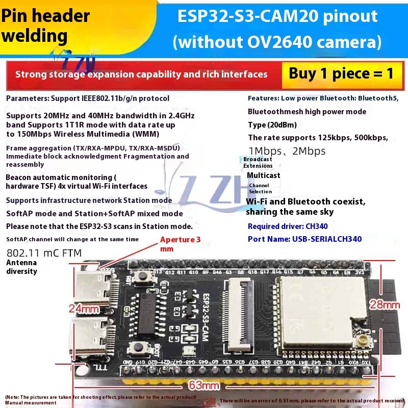 Bảng phát triển lõi ESP32-S3-CAM N16R8 wifi Bluetooth Module OV2640 Camera