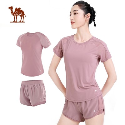 Set trang phục thể thao CAMEL CROWN  quần đùi và áo thun tay ngắn tập yoga gym dành cho nữ