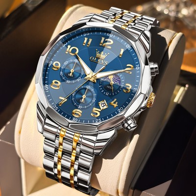 OLEVS Đồng hồ nam Chống nước Mặt số tia xanh Quartz Đa chức năng Dây thép không gỉ Thời trang 3676