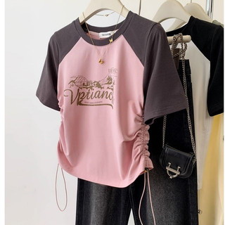 Áo thun ngắn tay co giãn chất lượng cao 100% cotton 220g có tay áo raglan phiên bản Hàn Quốc in hình dành cho nữ (Có dây rút)
