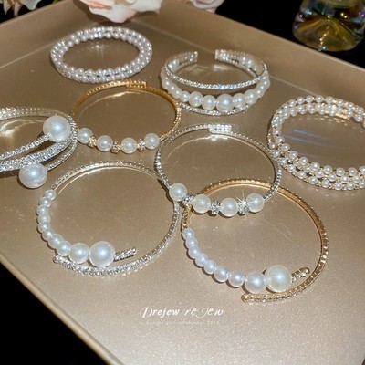 DREZEW Vòng tay mở ngọc trai nhiều lớp dát kim cương kiểu Pháp cổ điển thời trang vòng tay đa năng nhẹ sang trọng trang trí tay cao cấp