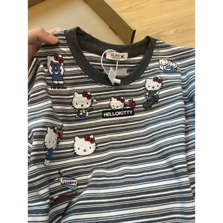  Áo thun ngắn tay sọc mèo HelloKitty dễ thương cotton nguyên chất dành cho nữ dáng rộng mùa hè cổ điển phong cách đại học đa năng 