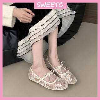 SWEETC Mary Jane Giày Nữ Thời Trang Ngón Tròn Nơ Ren Thêu Ba Lê Đế Bằng