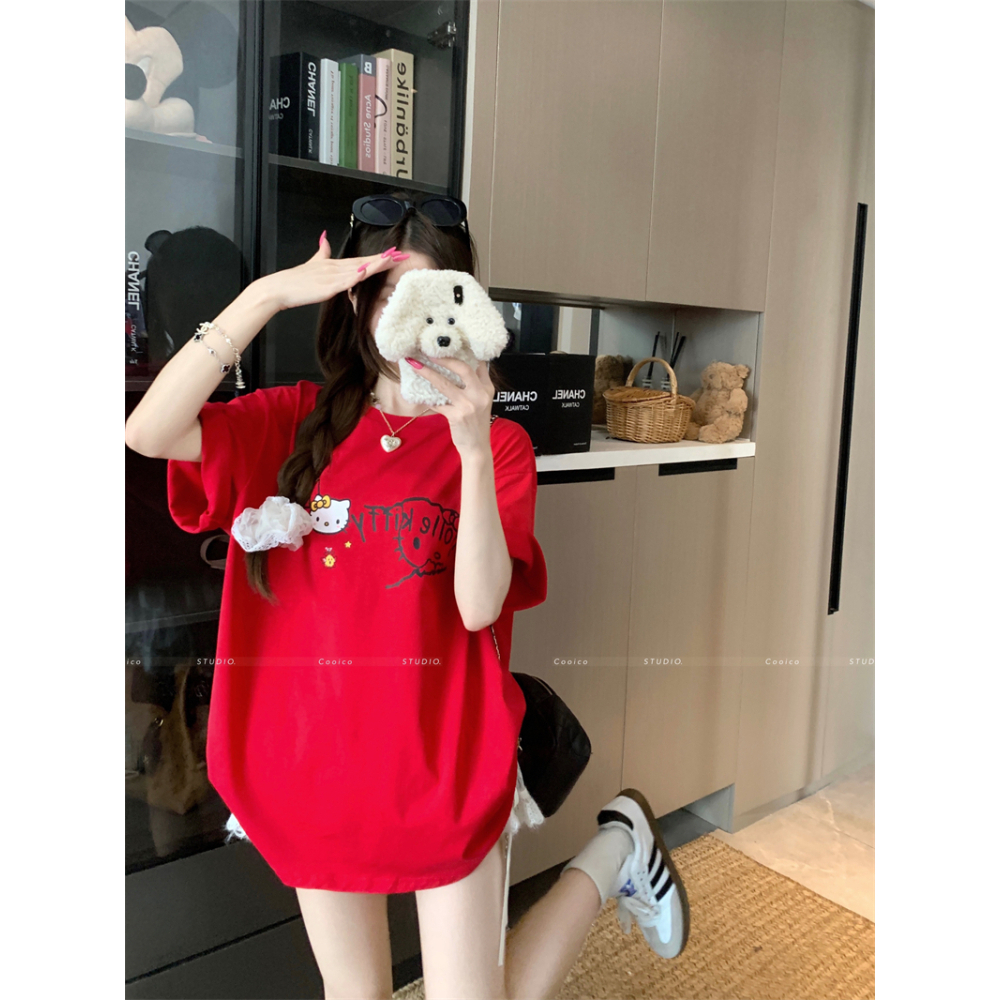 【Sinbounboun】Hanoi mùa hè phụ nữ lỏng lẻo vòng cổ giản dị màu đỏ kitty ngắn tay áo T-shirt