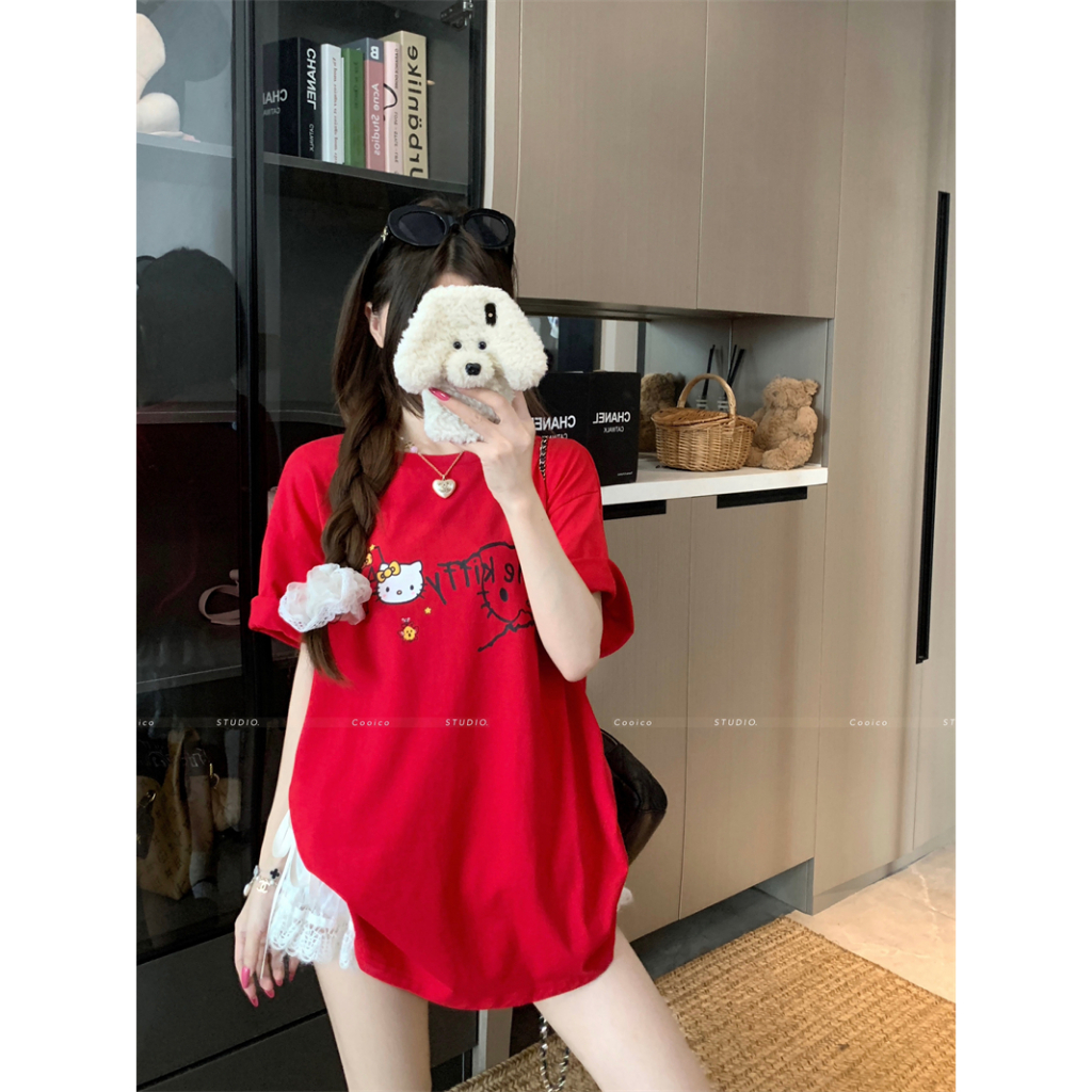 【Sinbounboun】Hanoi mùa hè phụ nữ lỏng lẻo vòng cổ giản dị màu đỏ kitty ngắn tay áo T-shirt | BigBuy360 - bigbuy360.vn