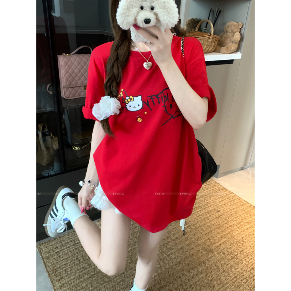 【Sinbounboun】Hanoi mùa hè phụ nữ lỏng lẻo vòng cổ giản dị màu đỏ kitty ngắn tay áo T-shirt | BigBuy360 - bigbuy360.vn